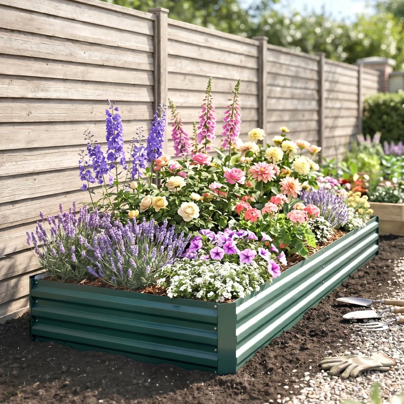 Outsunny Carré Potager en Métal Modulable - Potager Surélevé 241x90,5x30cm en Acier Galvanisé - Jardinière Extérieur Anti-Rouille pour Légumes et Fleurs, Vert Foncé