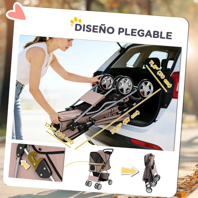 PawHut Carrito para Perros Pequeños con Cesta de Almacenaje Portavasos Ruedas y Cojín Lavable 77x44x102 cm Café