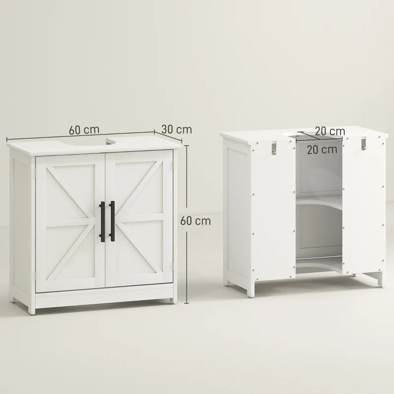 HOMCOM Meuble sous lavabo, meuble de salle de bain avec 2 portes magnétiques style grange et étagères, 60 x 30 x 60 cm, blanc