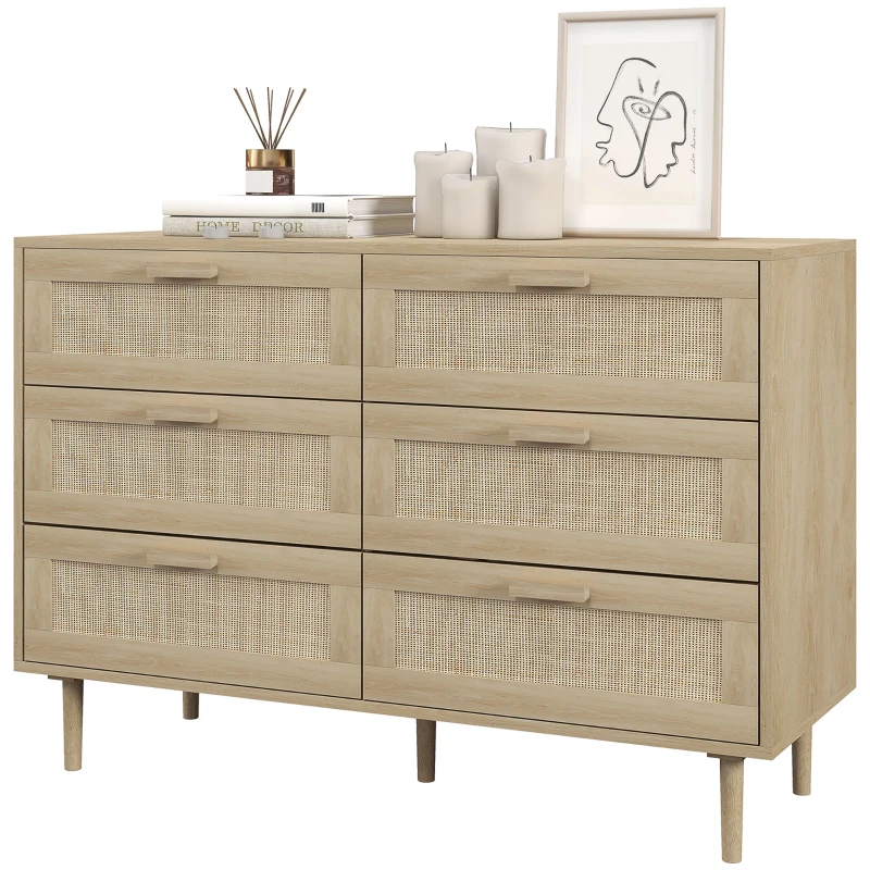 HOMCOM Chest of Drawers, 6-Drawer Dresser, Tall Storage Drawer Unit with Rattan Element for Bedroom, Living Room, Oak