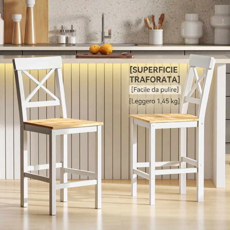 HOMCOM Set di 2 Sgabelli Bar, Sgabelli Cucina Alti con Schienale Alto, Poggiapiedi, in Legno di Pino, Naturale e Bianco
