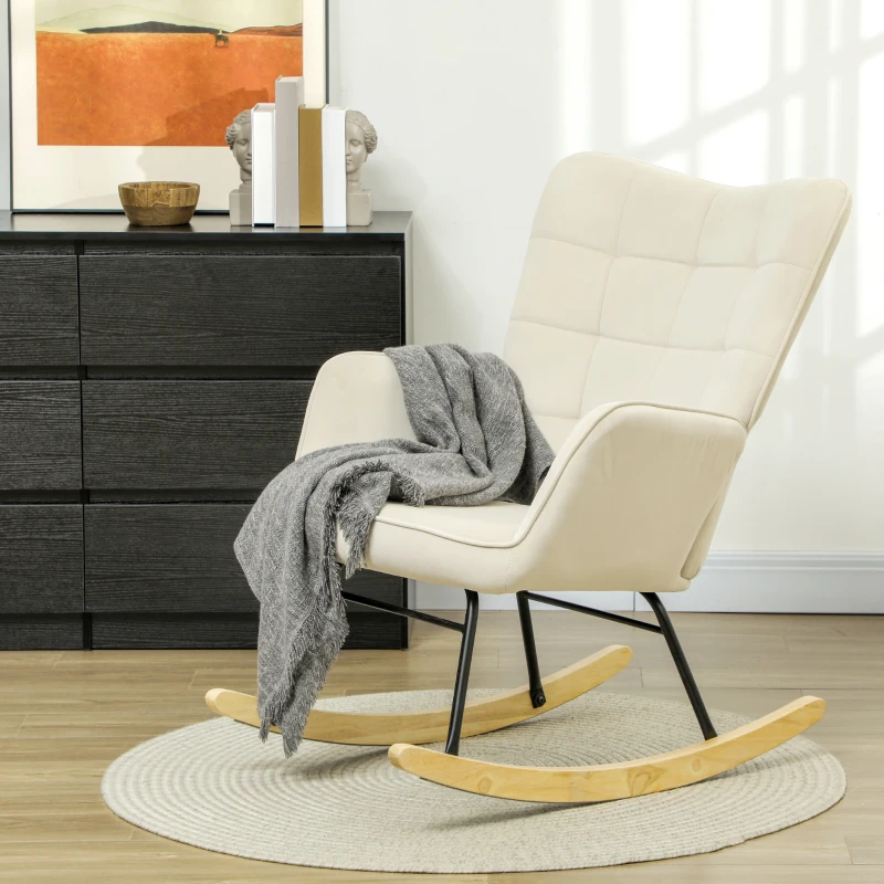 HOMCOM Schommelstoel, Dikke Bekleding, Brede Rugleuning, Beukenhout/Stalen Frame, tot 120 kg, Beige