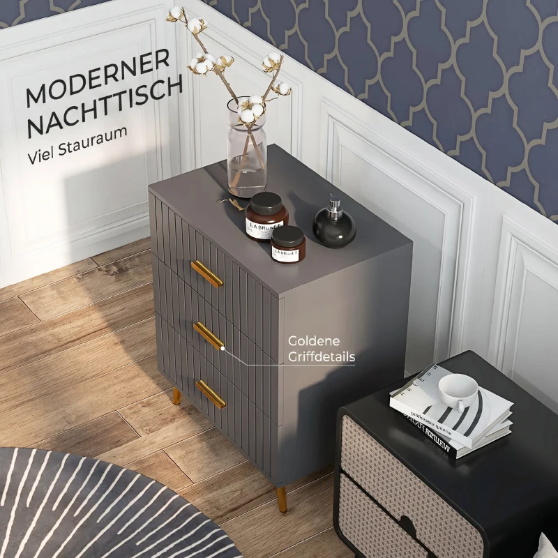HOMCOM Comodă modernă cu 3 sertare din lemn și aluminiu, 60x40x71,5 cm, auriu și gri închis