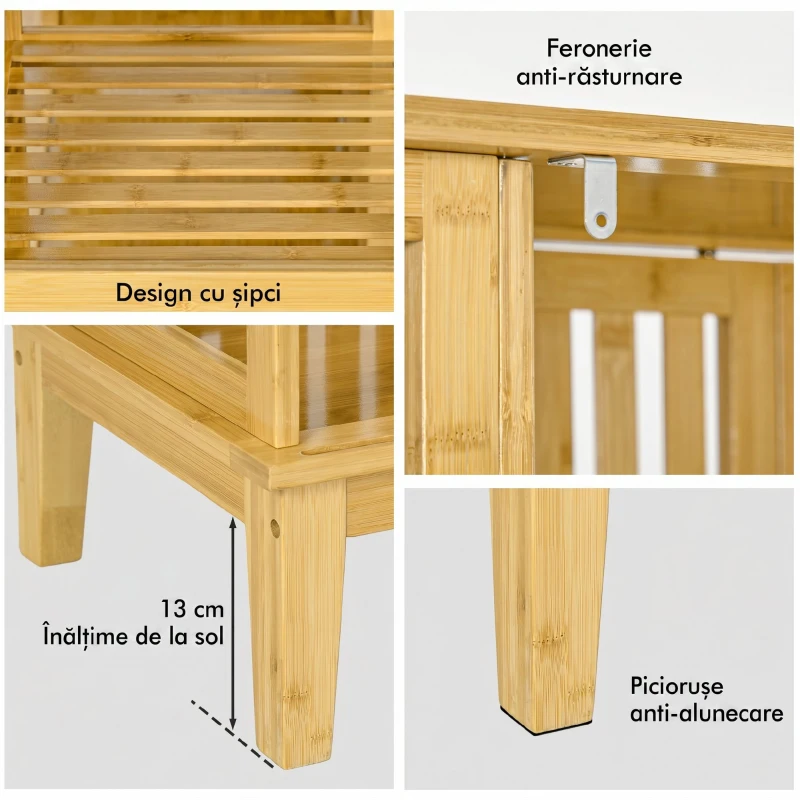 HOMCOM Dulap Deschis din Bambus cu 2 Uși Glisante, Rafturi Deschise și Bară pentru Umerașe, 145x35x165cm