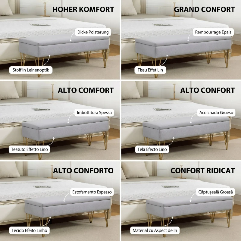 HOMCOM Bancă pentru capătul patului cu spațiu de depozitare, din material textil și picioare din oțel, 100x40x49 cm, gri deschis