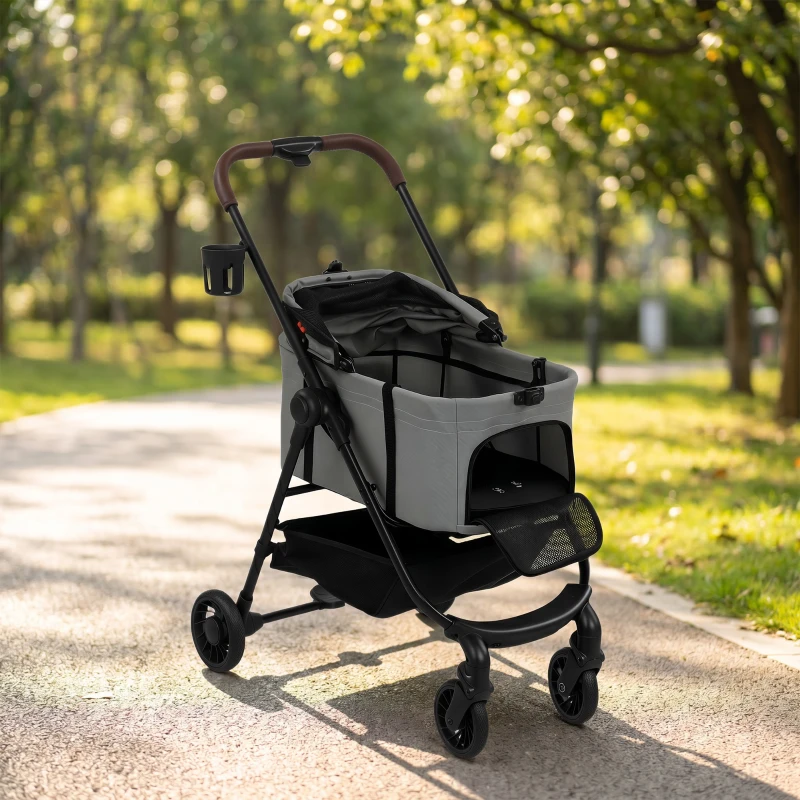 PawHut Dog Stroller, 3 in 1 Foldable Pet Stroller for Small Puppy Cat with Detachable Travel Carrier, Storage Basket, Grey