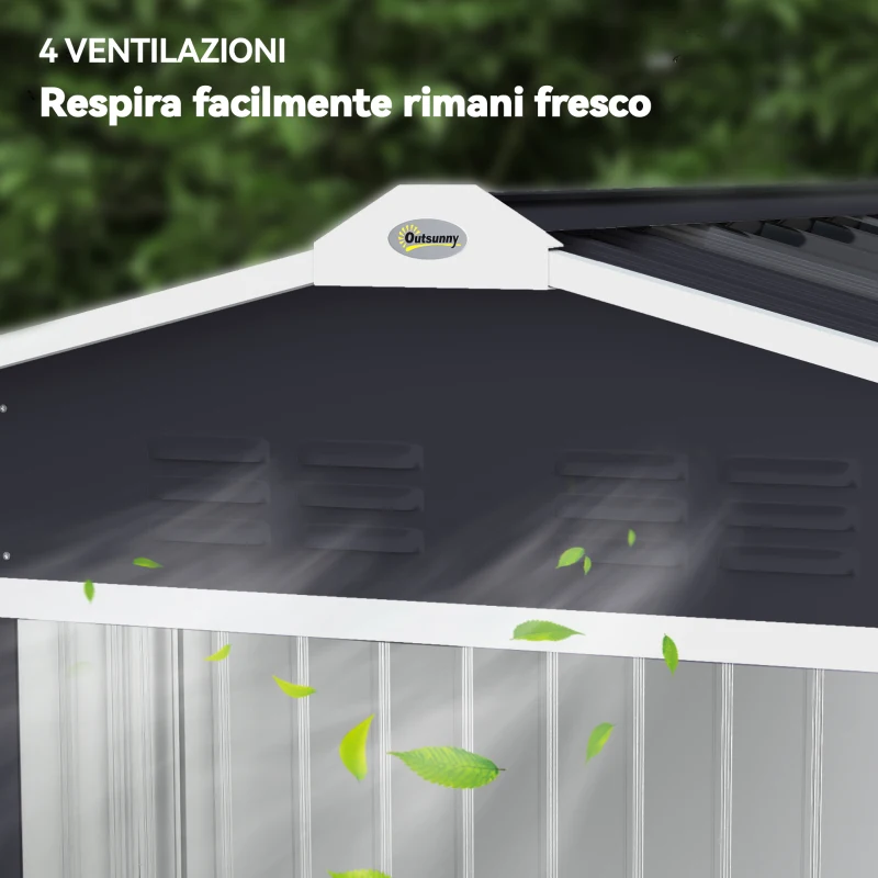 Outsunny Casetta da Giardino in Metallo con Prese d'Aria e Doppia Porta Scorrevole, 277x195x192 cm, Grigio Scuro