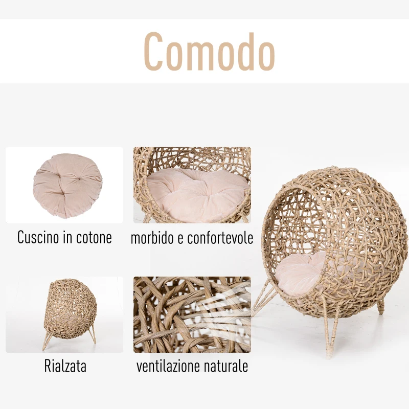 PawHut Cesta Rialzata per Gatti Fino a 10kg in Rattan PE Marrone (Φ52x58cm)