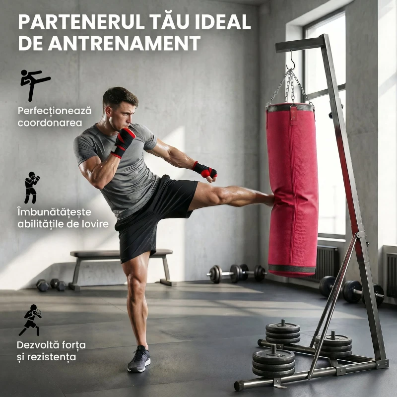 SPORTNOW Suport Sac de Box Reglabil cu Bază Triunghiulară și Sac de Box, din Oțel și Pânză, 175x91x185-231 cm, Roșu