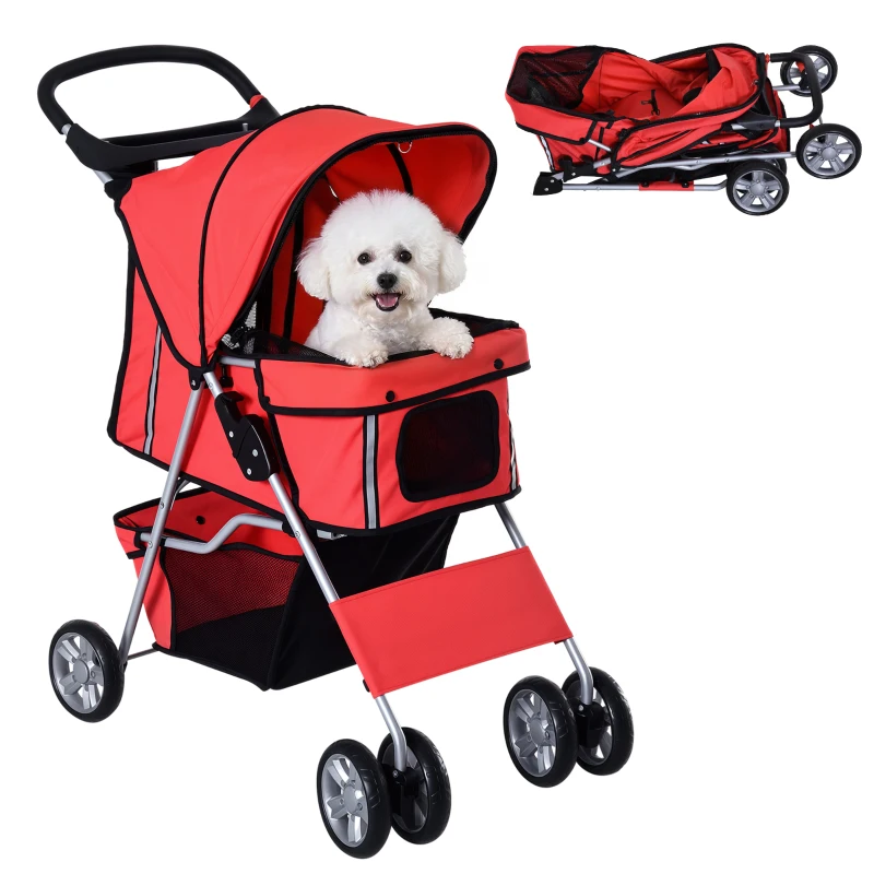 PawHut Passeggino per Cani Pieghevole in Tessuto con Cestino e Portabicchieri, 75x45x97cm - Rosso
