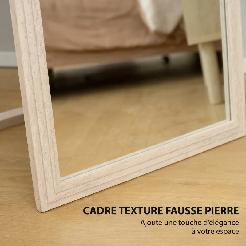 HOMCOM Miroir sur Pied Rectangulaire 160 x 50 cm, Cadre Texturé à Effet Pierre, Angle d'Inclinaison Réglable, Blanc