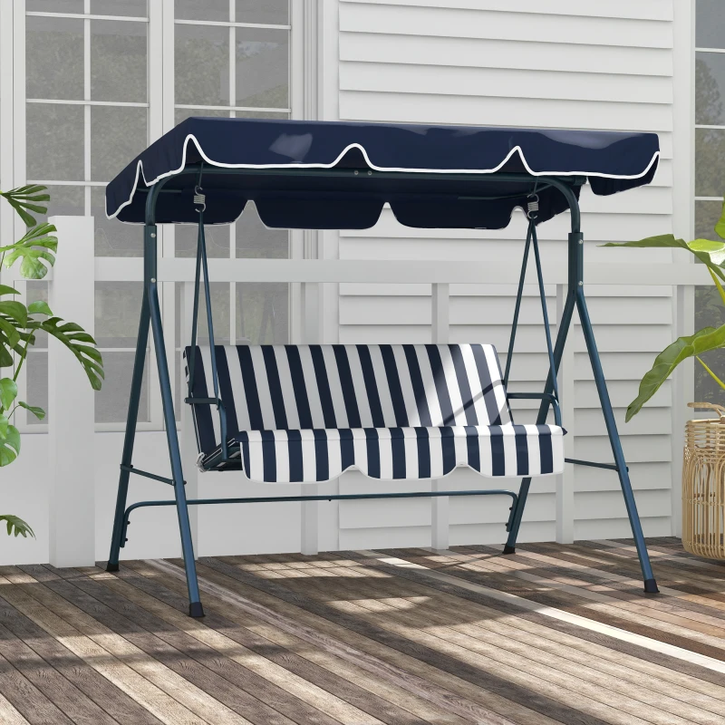 Outsunny Baloiço de Jardim de 3 Lugares com Almofada Toldo Ajustável e Estrutura de Metal 172x110x153cm Azul e Branco