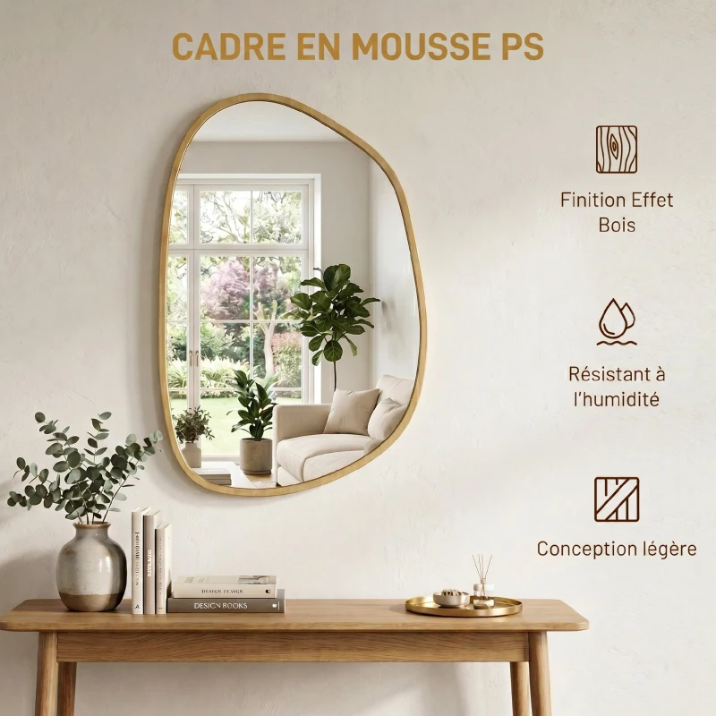 HOMCOM Miroir mural, miroir décoratif asymétrique 90x60cm en verre trempé pour salle de bain, chambre, salon, couloir, naturel