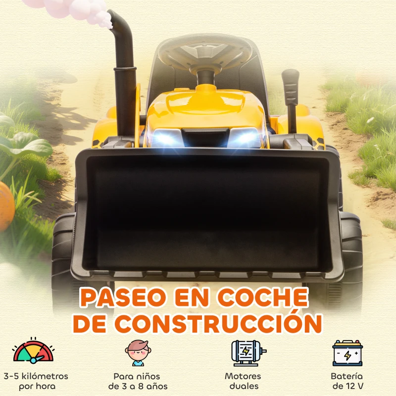 AIYAPLAY Tractor Eléctrico para Niños con Remolque Desmontable y Pala Batería 12V Motor Doble Control Remoto 2,4G Luces Música
