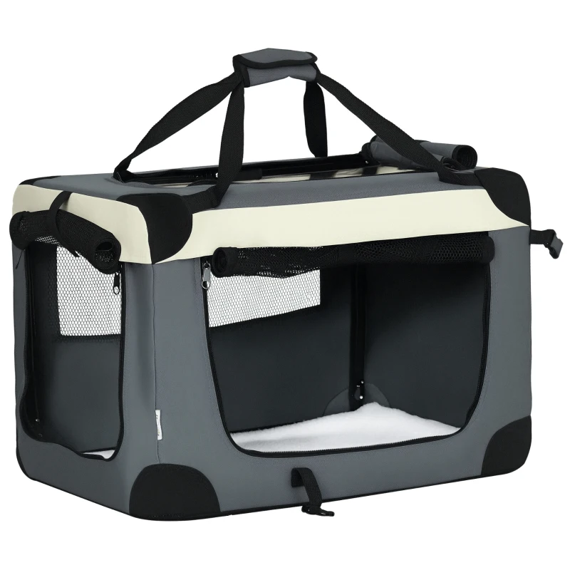 PawHut Sac de transport pliable - poignée, 3 entrées zippées, poche - coussin amovible - acier oxford polyester gris noir