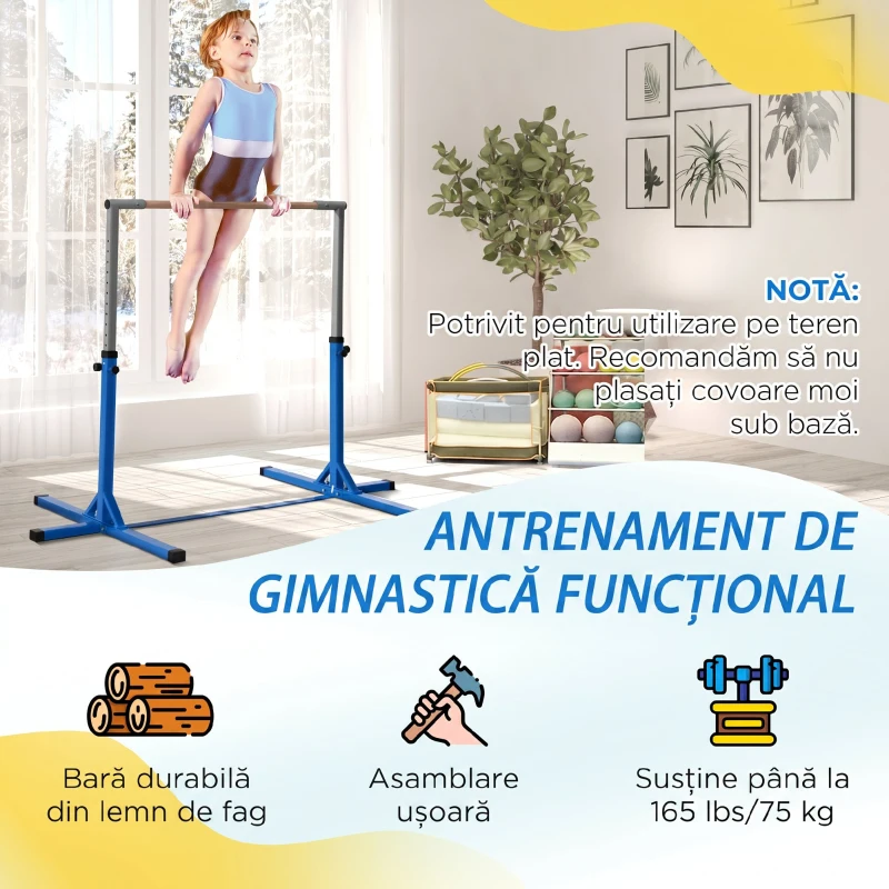 HOMCOM Bară pentru Gimnastică Artistică sau Dans Clasic Reglabilă pe Înălțime 92-150 cm, Albastră
