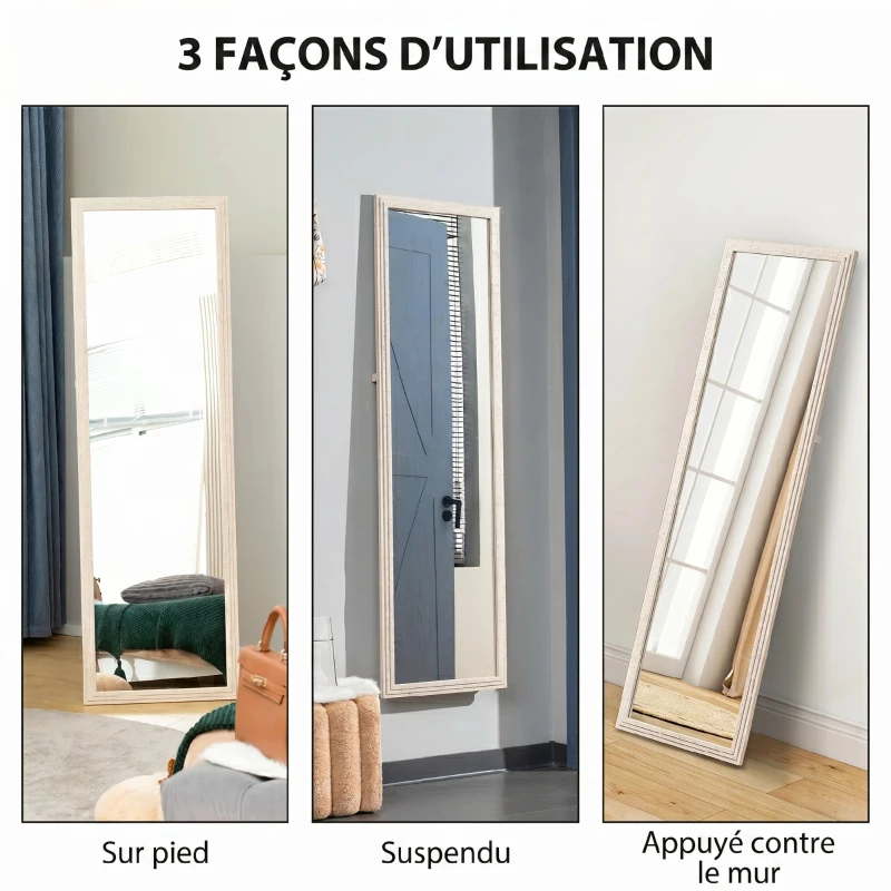 HOMCOM Miroir sur Pied Rectangulaire 160 x 50 cm, Cadre Texturé à Effet Pierre, Angle d'Inclinaison Réglable, Blanc