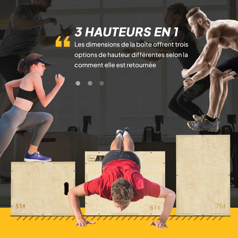 Box jump pliométrie 3 en 1 - Collaboration Aosom.fr x FFHandball - saut musculation fitness 61x51x76cm bois