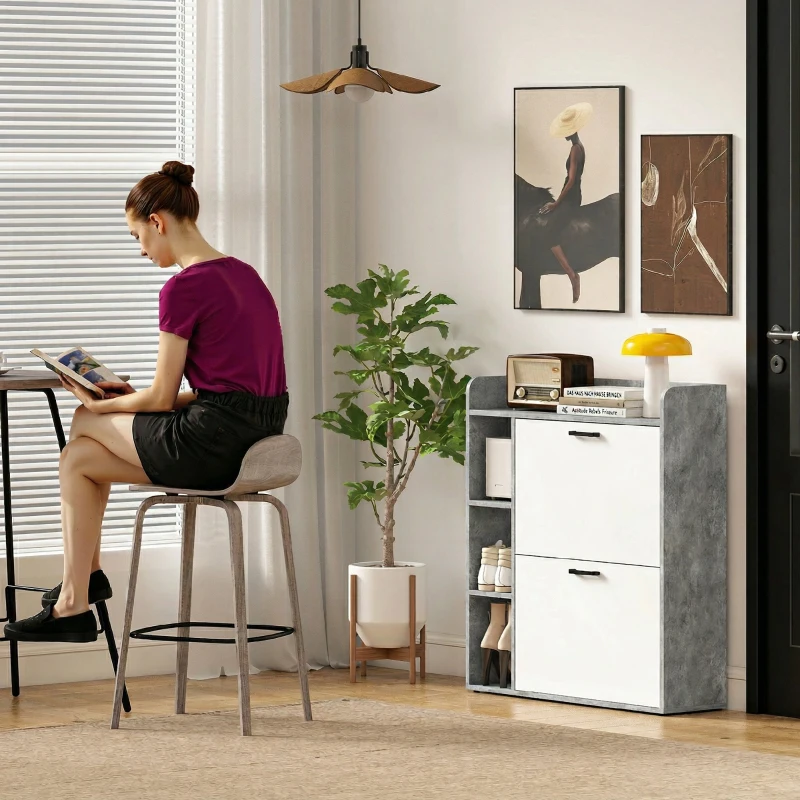 HOMCOM Meuble à chaussures 15 paires, armoire à chaussures moderne avec 2 tiroirs rabattables, 83x24x90,5cm, blanc et gris