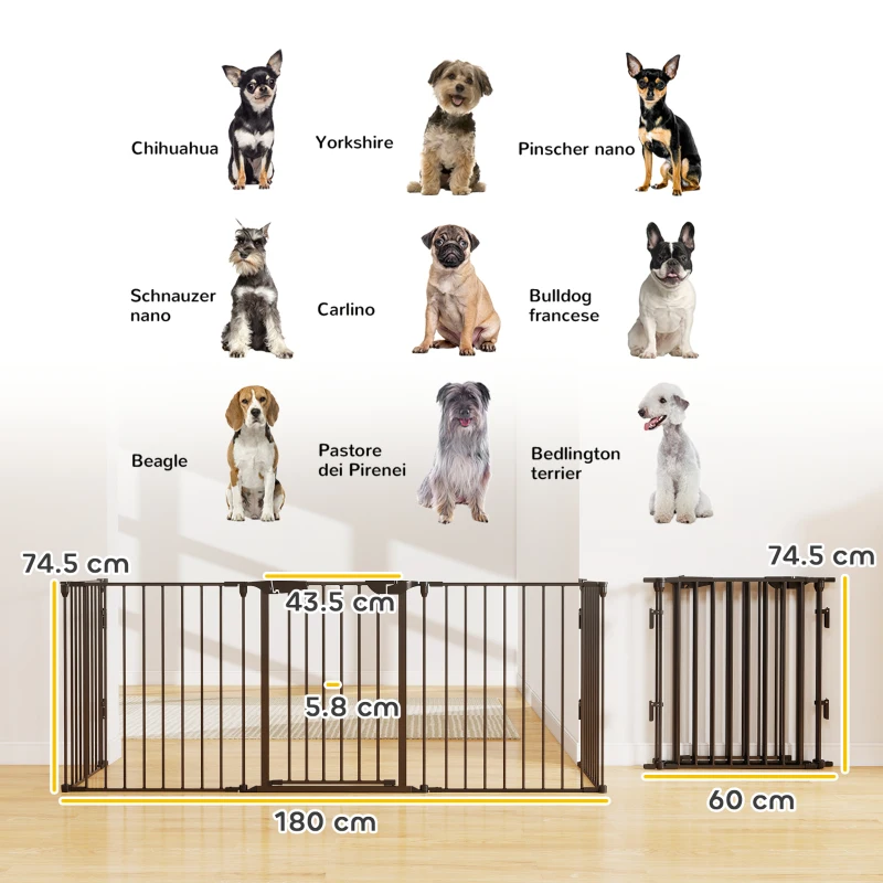 PawHut Cancellino per Cani Taglia Piccola e Media Pieghevole a 5 Pannelli, in Metallo e Plastica, 300x3x74.5 cm, Nero