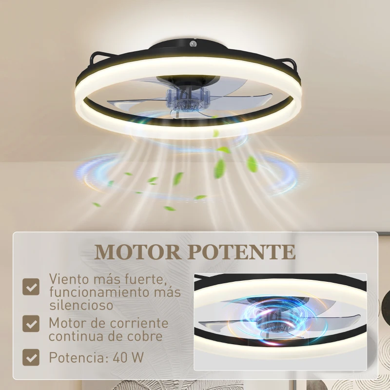 HOMCOM Ventilador de Techo con Luz LED 40 W Motor DC Reversible Mando a Distancia 6 Velocidades 3 Colores Temporizador Negro