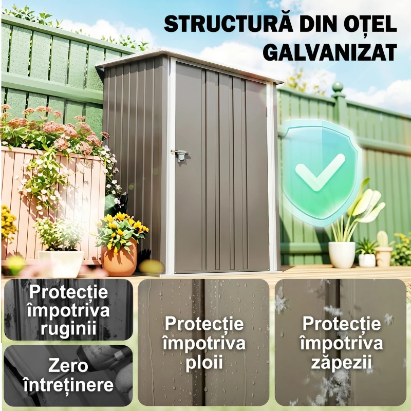 Outsunny Magazie pentru Unelte 0,92m² din Oțel Galvanizat cu Acoperiș Înclinat și Lacăt, 100x103x160 cm, Maro