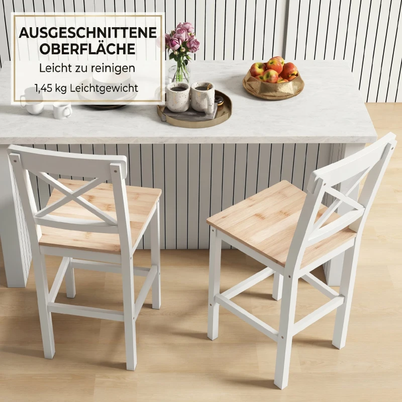 HOMCOM Set di 2 Sgabelli Bar, Sgabelli Cucina Alti con Schienale Alto, Poggiapiedi, in Legno di Pino, Naturale e Bianco