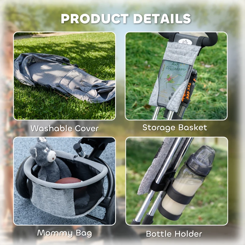 HOMCOM Triciclo para Bebés de +12 Meses con Mango de Empuje Telescópico y Desmontable Bolso para Mamá y Portabotellas Gris