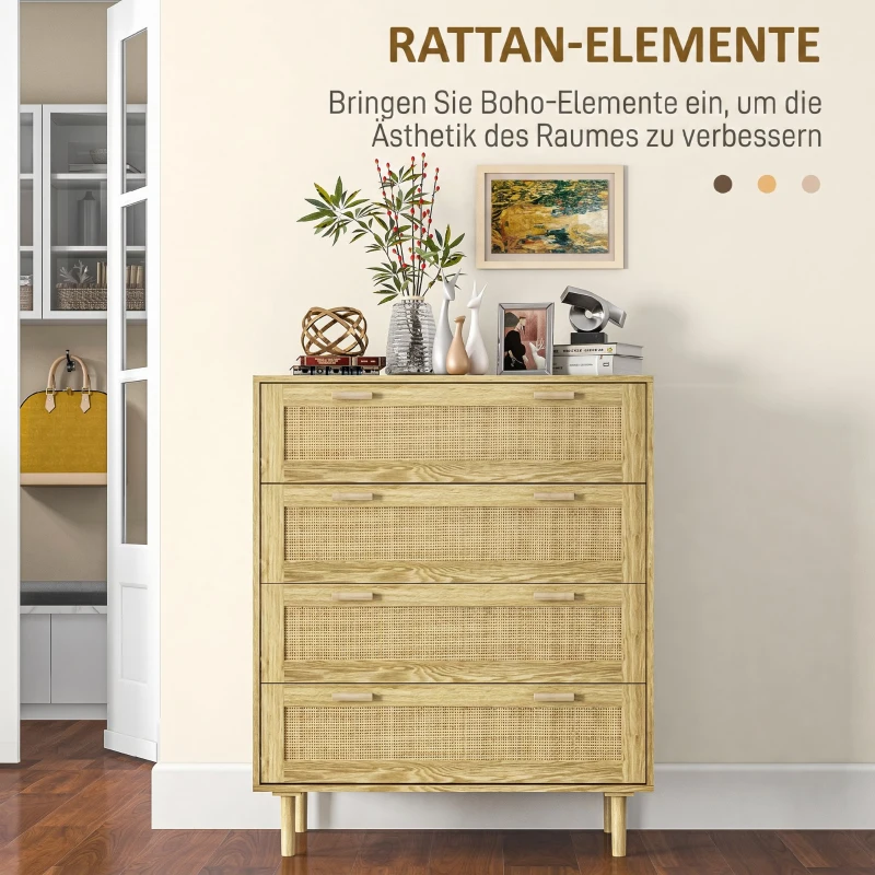 HOMCOM Comodă cu 4 Sertare, Stil Boho, din Lemn și Ratan, 90x45x108,5cm, Stejar(m-4)