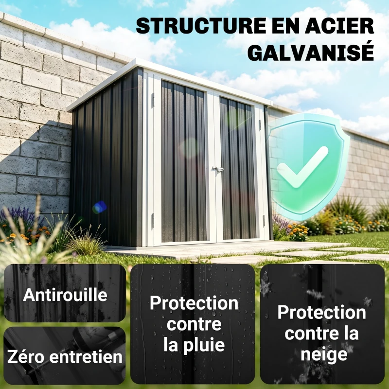Outsunny Abri de Jardin - cabane de jardin 1,09 m² - cabanon rangement outils 2 Portes verrouillables - dim. 147L x 86l x 134H cm - tôle d'acier Noir Blanc