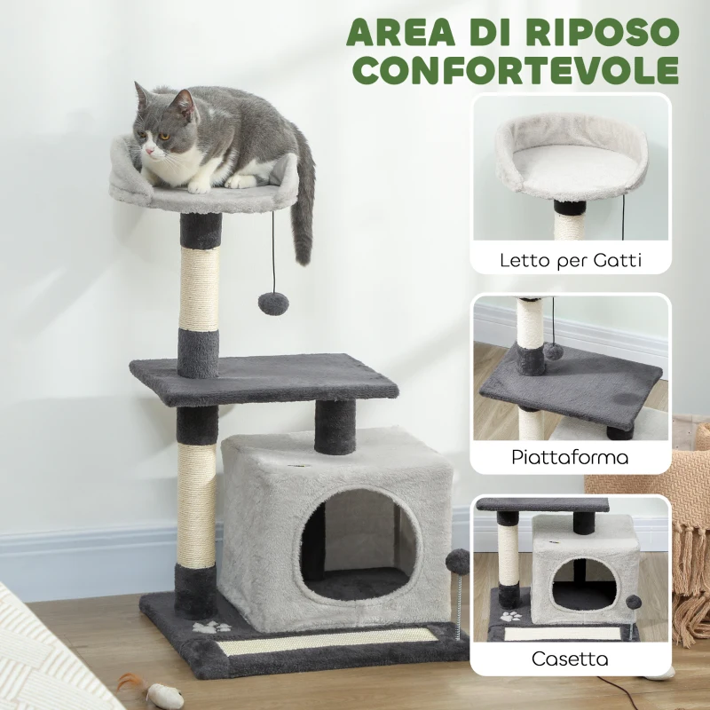 PawHut Albero Tiragraffi per Gatti Alto 85 cm con Casetta, Lettino, Pali e Tappetino Tiragraffi, Grigio