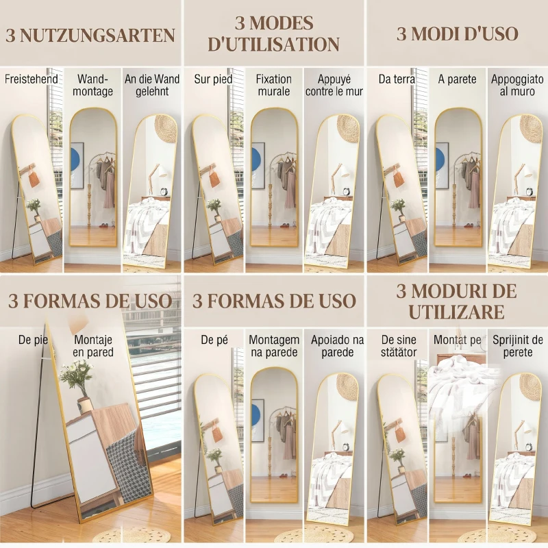 HOMCOM Oglindă de Podea și Perete Modernă din Aliaj de Aluminiu cu Suport Pliabil, 50x161.5 cm, Aur