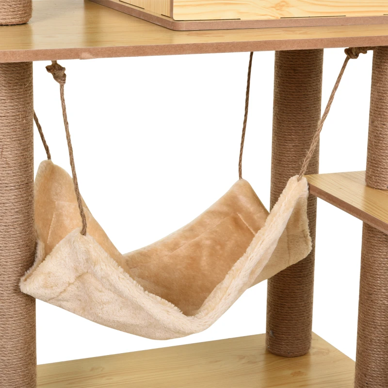 PawHut Albero Tiragraffi per Gatti con Casetta, 2 Lettini, Amaca e Pallina, in Legno, Poliestere e Sisal, 60x40x130 cm
