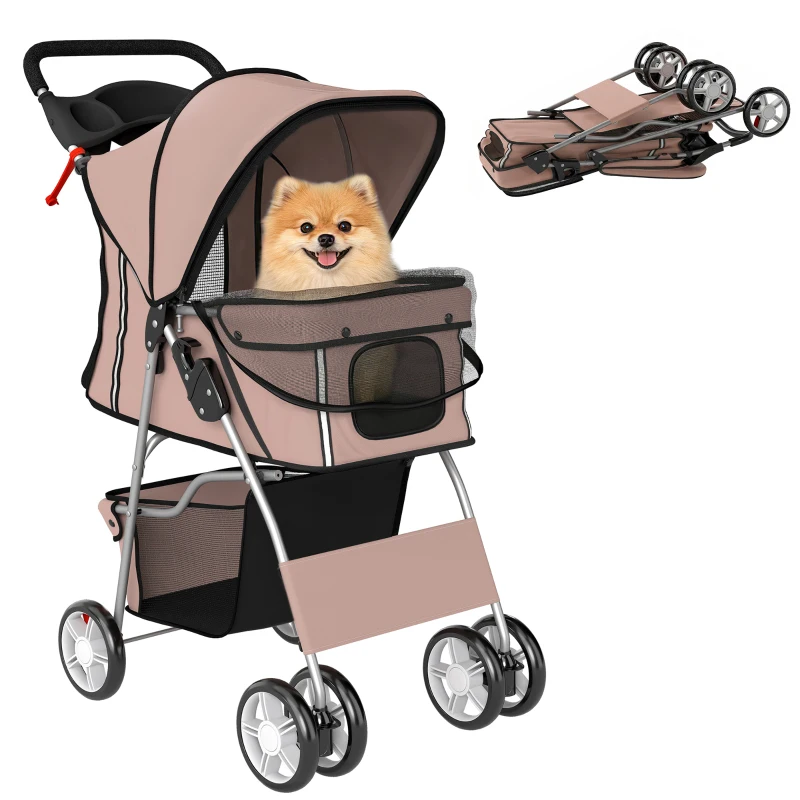 PawHut Carrito para Perros Pequeños con Cesta de Almacenaje Portavasos Ruedas y Cojín Lavable 77x44x102 cm Café