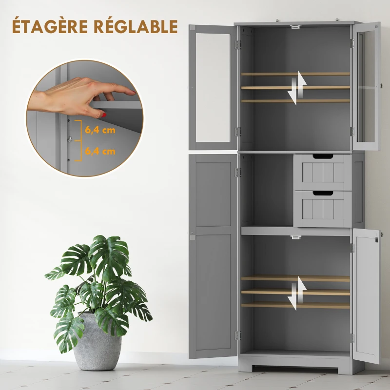 HOMCOM Meuble de salle de bain haut, meuble de rangement avec 4 portes dont 2 vitrées, 2 tiroirs et étagères réglables, gris
