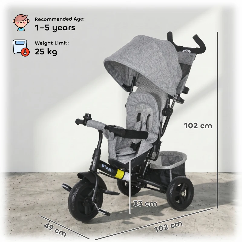 HOMCOM 6 in 1 Kids Trike with Parent Handle, Canopy, 5-point Seat Belt, Storage, Footrest, Brake, for 1-5 Years, Grey