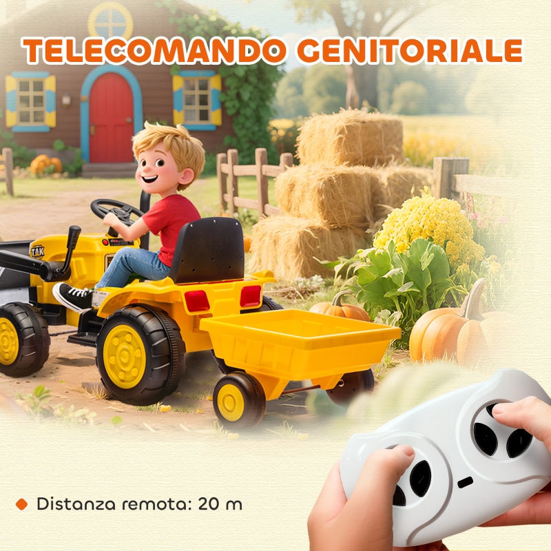 AIYAPLAY Escavatore per Bambini Elettrico 12V con Benna, Rimorchio e Telecomando, Età 3-8 Anni, Giallo