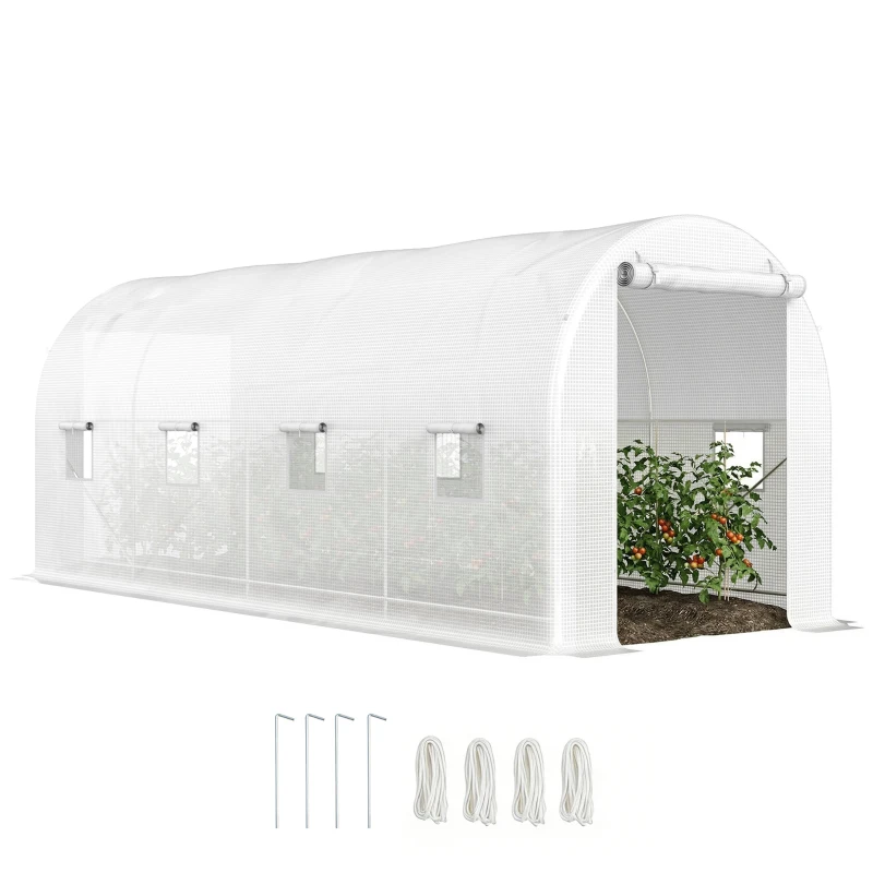 Outsunny Invernadero de Túnel 500x200x205 cm Invernadero de Jardín con Puerta Enrollable y 8 Ventanas Cubierta PE 140 g/m² Blanco