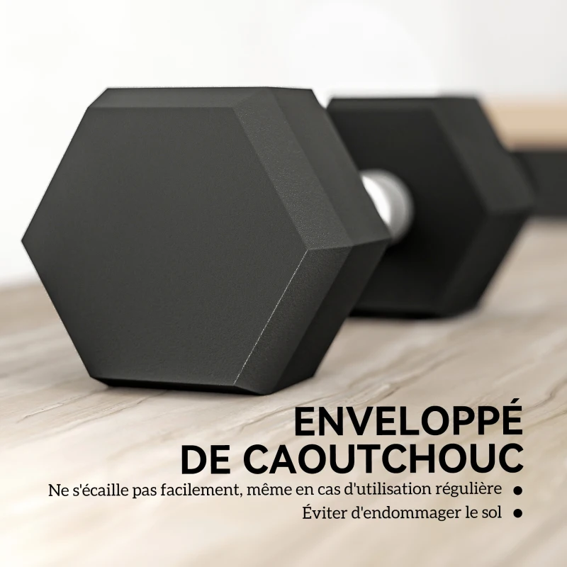 HOMCOM Ensemble d'haltères courtes, lot de 2 haltères hexagonaux recouverts de caoutchouc, acier noir