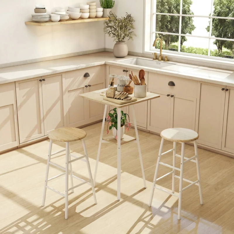 HOMCOM Table de bar carrée pour 2 personnes, table haute cuisine mange-debout avec étagère, 55 x 55 x 95 cm, naturel et blanc