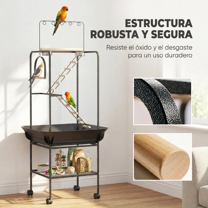 PawHut Parque de Juegos de Pájaros con Ruedas Escaleras Columpio Protector de Semillas Bandeja Comederos Perchas 63x63x163 cm