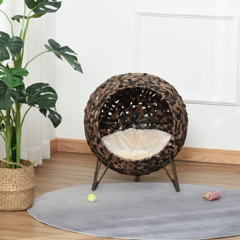 PawHut kattenhuis met kussen, kattenslaapplaats, kattengrot met verhoogde poten, PE-rotan, bruin, Ø 52 x 58 cm