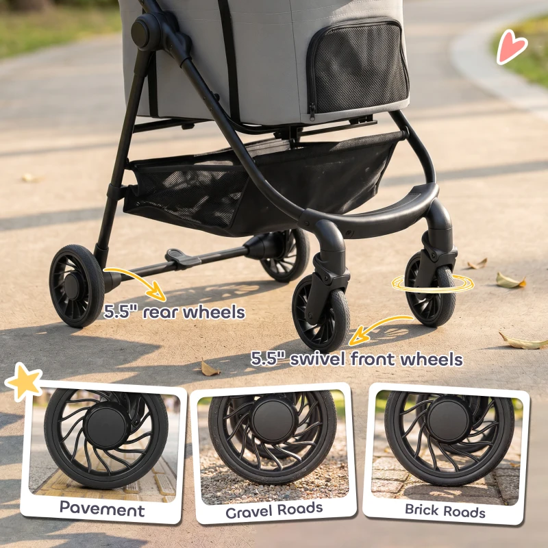 PawHut Dog Stroller, 3 in 1 Foldable Pet Stroller for Small Puppy Cat with Detachable Travel Carrier, Storage Basket, Grey