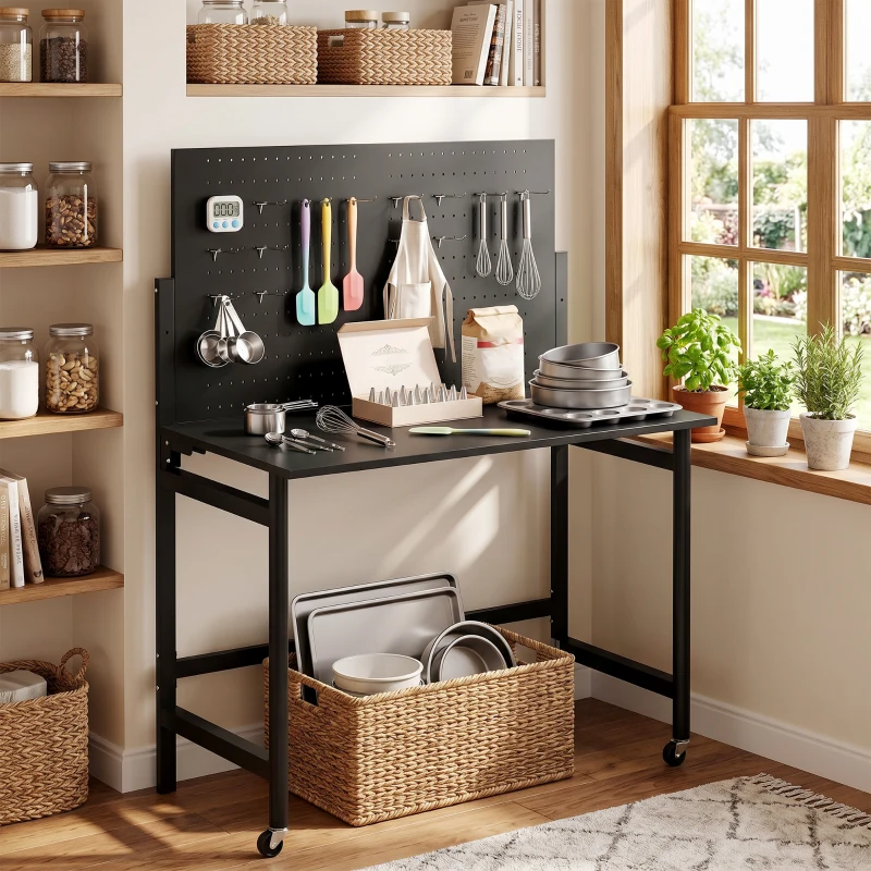 HOMCOM Banco de Trabalho com Painel Perfurado Mesa Dobrável com Rodas Estrutura de Aço Ganchos Preto