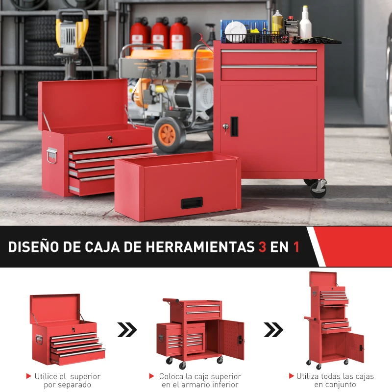 HOMCOM Carro de Herramientas con 6 Cajones y Cerraduras Caja de Herramientas de Acero con Ruedas para Taller Garaje Rojo