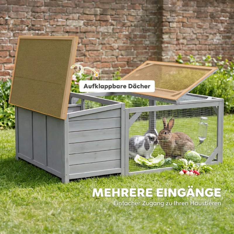 PawHut Konijnenhok Konijnenstal hout konijnenkooi met opklapbaar bitumendak, ren, deuren 125,5x100x49 cm Grijs