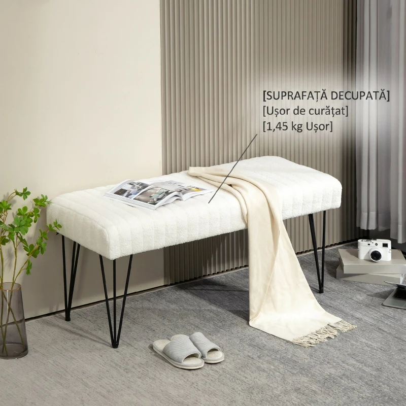 HOMCOM Bancă modernă pentru capătul patului cu picioare tip agrafă, din material textil cu efect de catifea, lemn și metal, 118,5x46x49,5 cm, crem