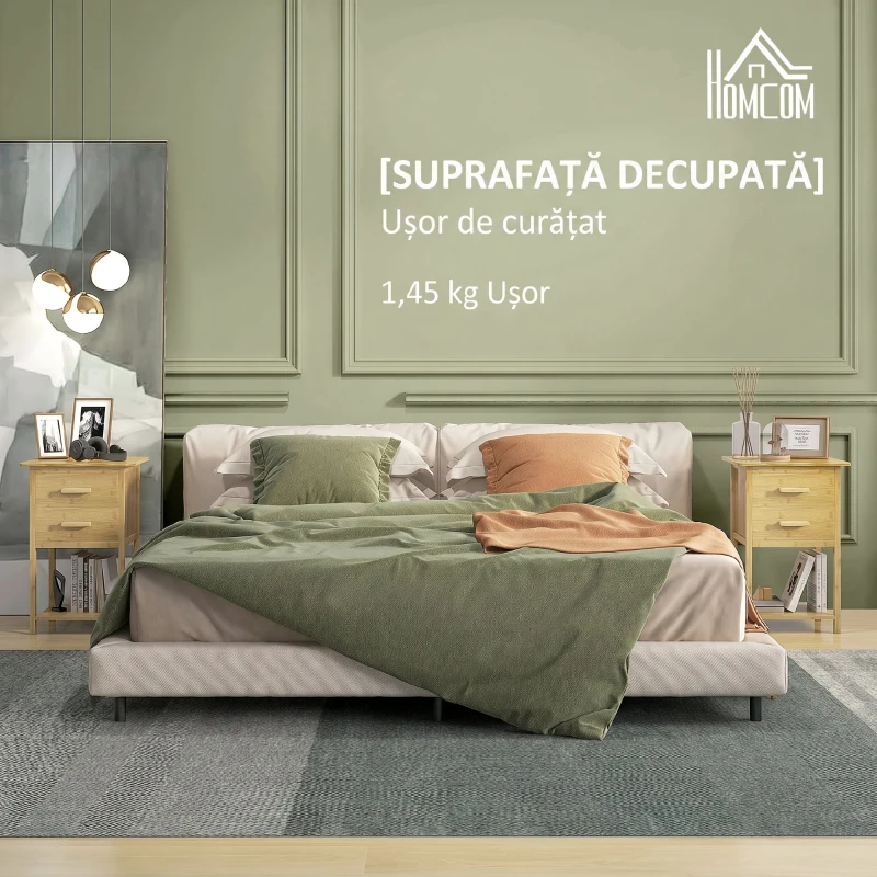 HOMCOM Set 2 noptiere cu 2 sertare și raft inferior în stil nordic, din bambus, 40x34x60 cm