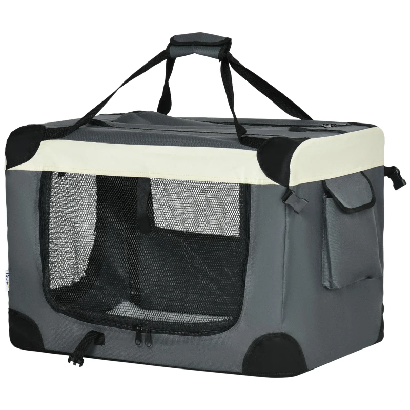 PawHut Sac de transport pliable - poignée, 3 entrées zippées, poche - coussin amovible - acier oxford polyester gris noir