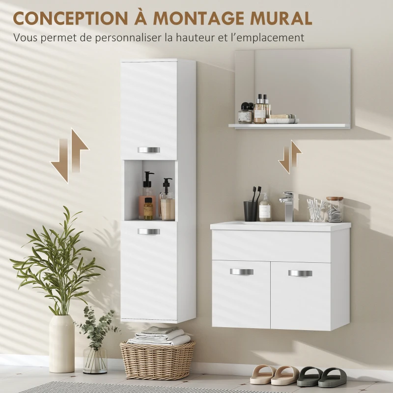kleankin Ensemble de Meubles de Salle de Bain 4 Pièces, Mural, avec Miroir, Meuble sous Vasque, Lavabo et Armoire Haute, Blanc